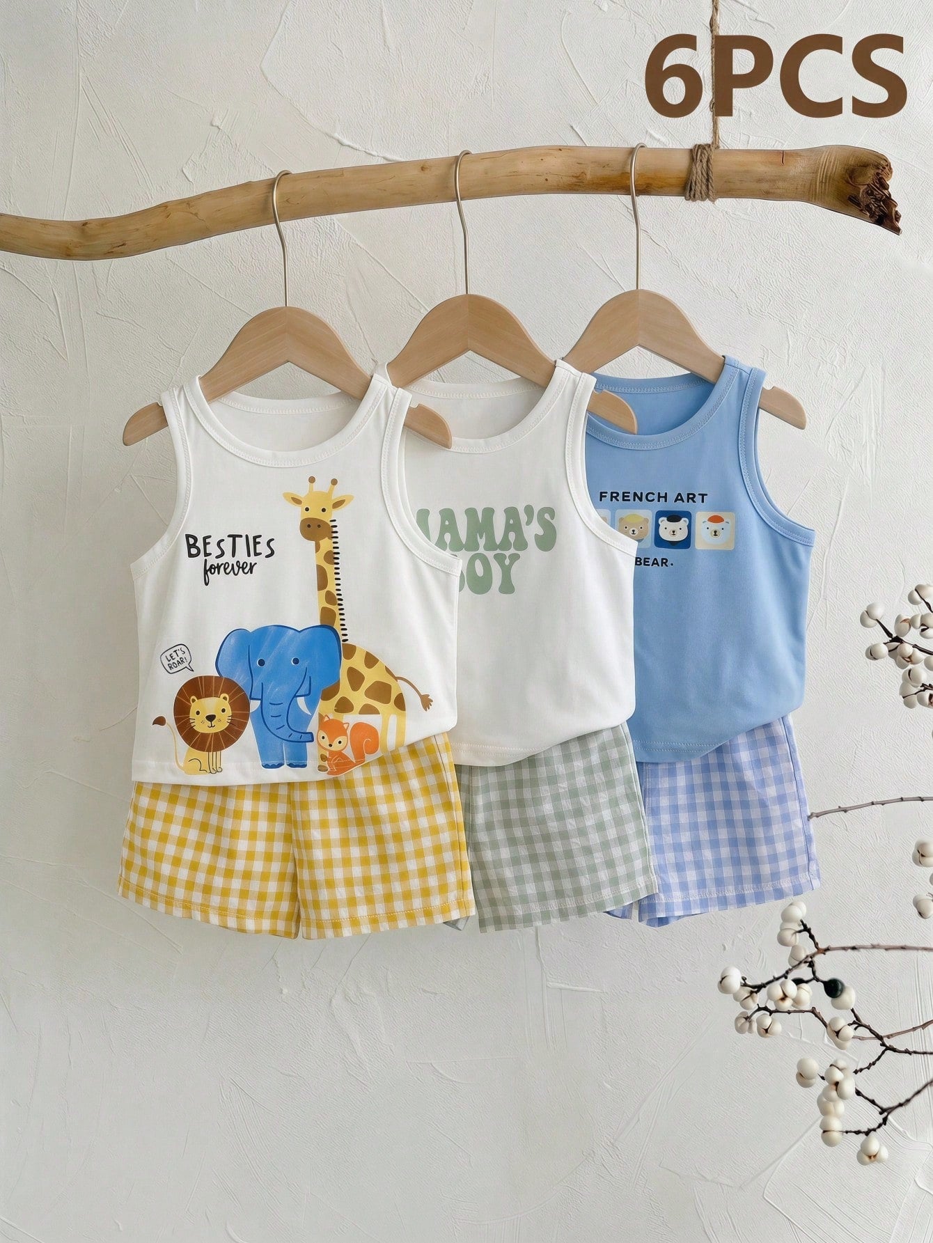 6pcs/Set Baby Boy Summer Casual White Cute Beach Outfits,Cartoon Bear Animal Print Tops/Vests,Plaid & Solid Shorts,3 Sets Infant & Toddler Multi-Piece