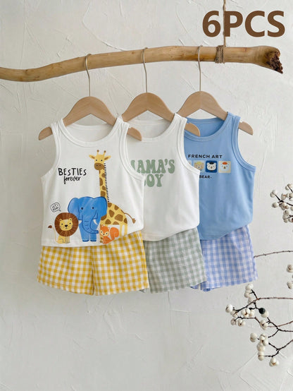 6pcs/Set Baby Boy Summer Casual White Cute Beach Outfits,Cartoon Bear Animal Print Tops/Vests,Plaid & Solid Shorts,3 Sets Infant & Toddler Multi-Piece