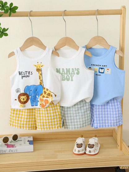 6pcs/Set Baby Boy Summer Casual White Cute Beach Outfits,Cartoon Bear Animal Print Tops/Vests,Plaid & Solid Shorts,3 Sets Infant & Toddler Multi-Piece