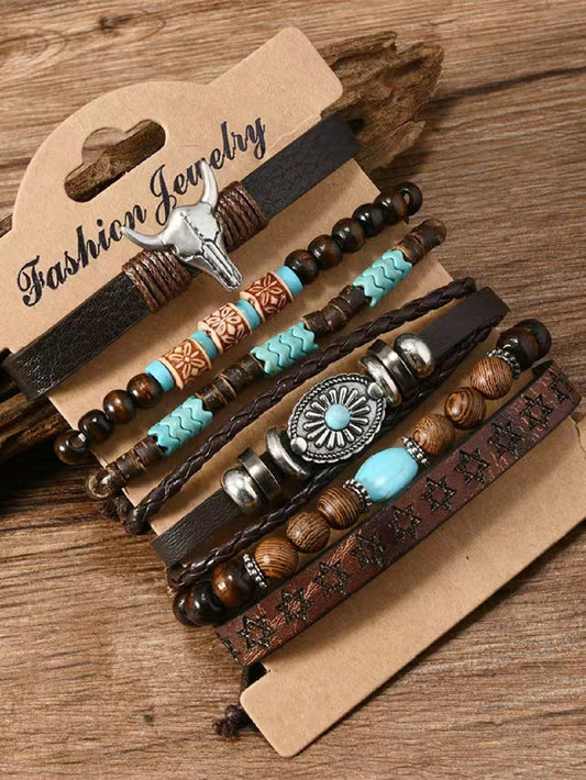 6pcs/Set Retro Western Cowboy Beaded Bracelets For Men