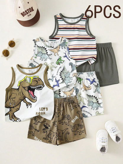 6pcs/Set Unisex Baby Casual Cute Cartoon Print Knit Vest & Shorts Set, Summer Outfit