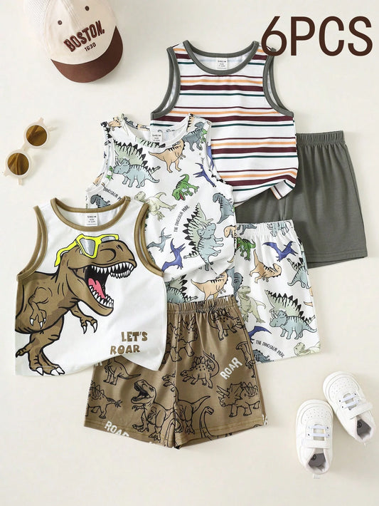 6pcs/Set Unisex Baby Casual Cute Cartoon Print Knit Vest & Shorts Set, Summer Outfit