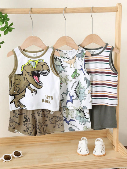 6pcs/Set Unisex Baby Casual Cute Cartoon Print Knit Vest & Shorts Set, Summer Outfit