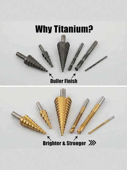 6pcs Titanium Coated High Speed Stepped Drill Bit Set, High Precision Titanium Alloy Countersink Drill Bits, Multi-Size, Multi-Purpose Drilling Tool For Wood, Metal And Plastic Materials, Ideal For Wo