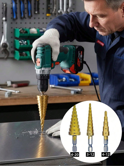 6pcs Titanium Coated High Speed Stepped Drill Bit Set, High Precision Titanium Alloy Countersink Drill Bits, Multi-Size, Multi-Purpose Drilling Tool For Wood, Metal And Plastic Materials, Ideal For Wo