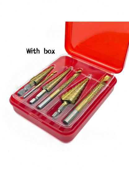 6pcs Titanium Coated High Speed Stepped Drill Bit Set, High Precision Titanium Alloy Countersink Drill Bits, Multi-Size, Multi-Purpose Drilling Tool For Wood, Metal And Plastic Materials, Ideal For Wo
