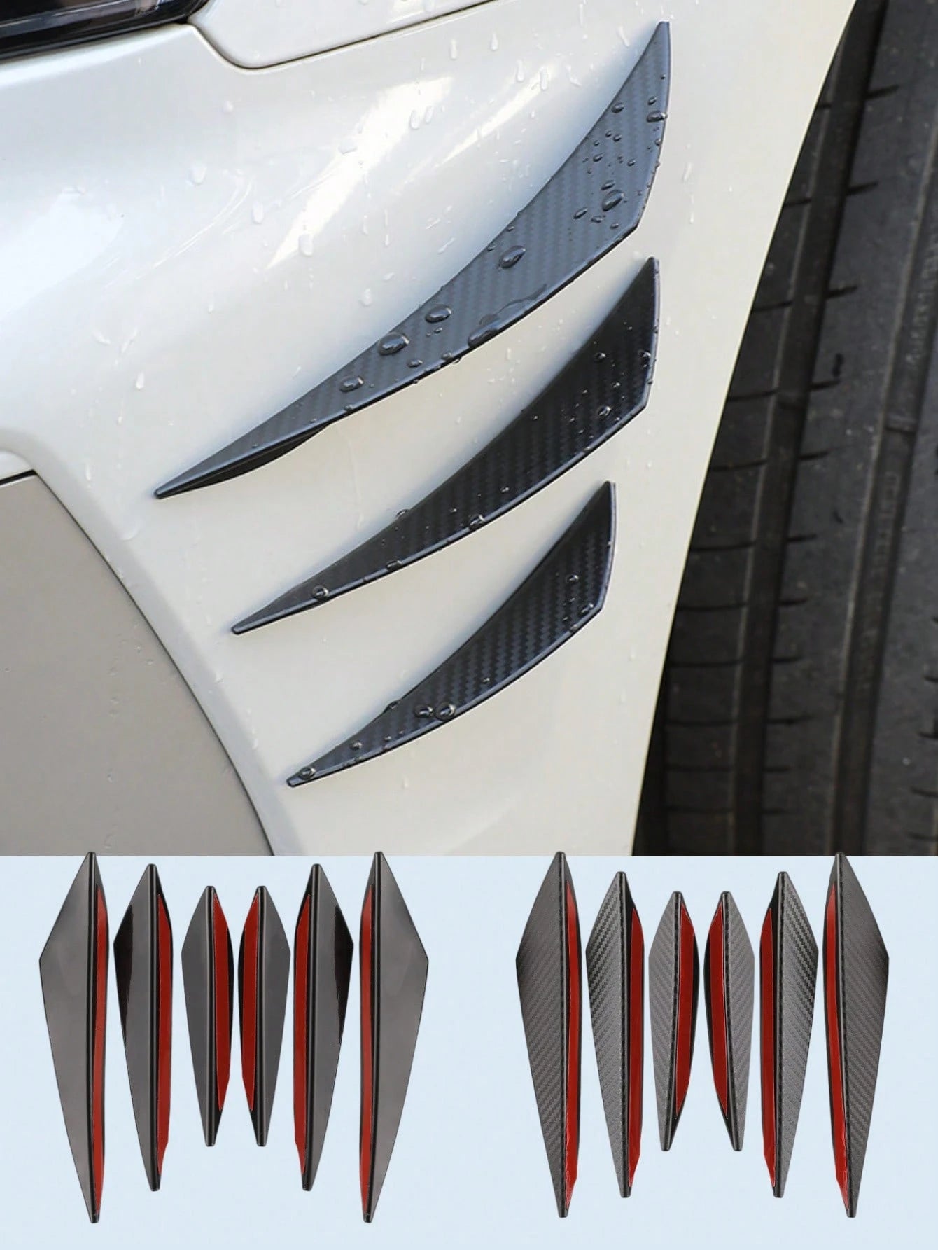6Pcs Universal Carbon Fiber Car Fan Blades – Scratch Resistant Rubber Bumper Trim, Strong Adhesive Backing, No Paint Damage, Heat Waterproof Resistant, Front Shock Absorber Lip Diffuser Splitter Body