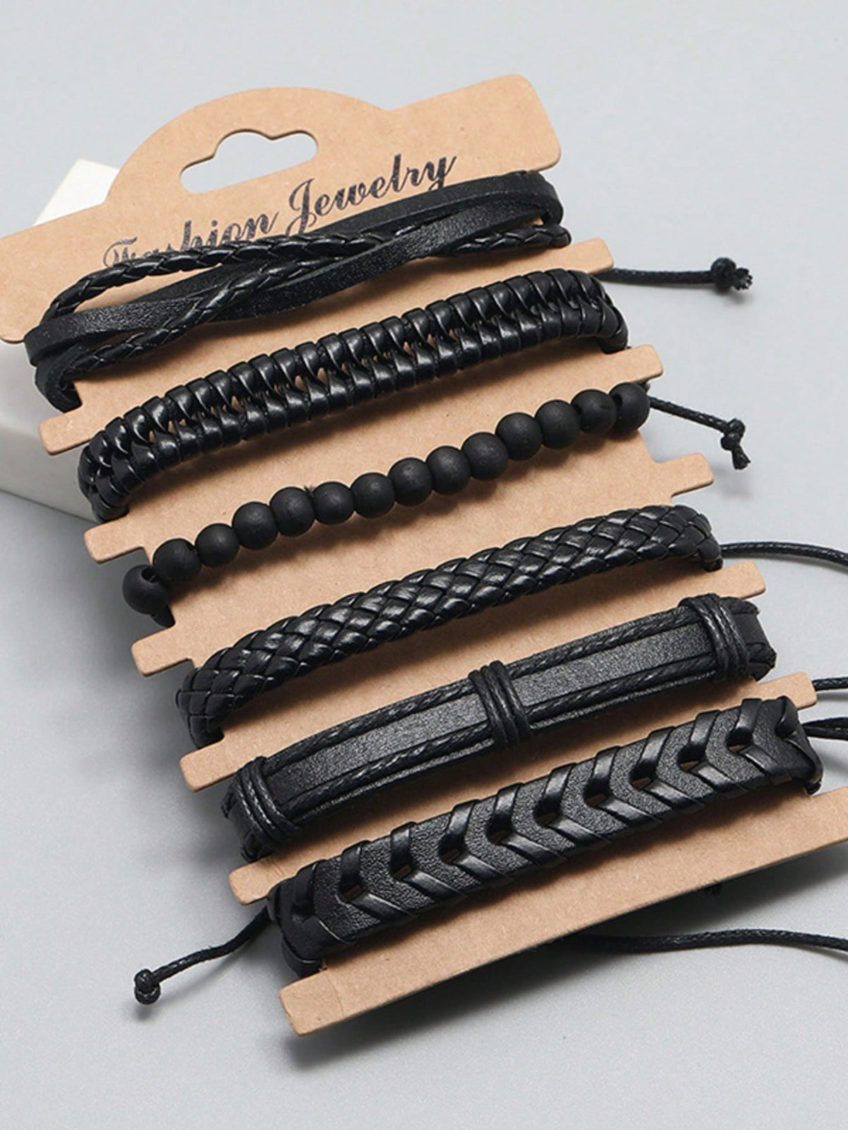 6pcs Vintage Black Woven Leather Bracelet DIY Combination Set For Men