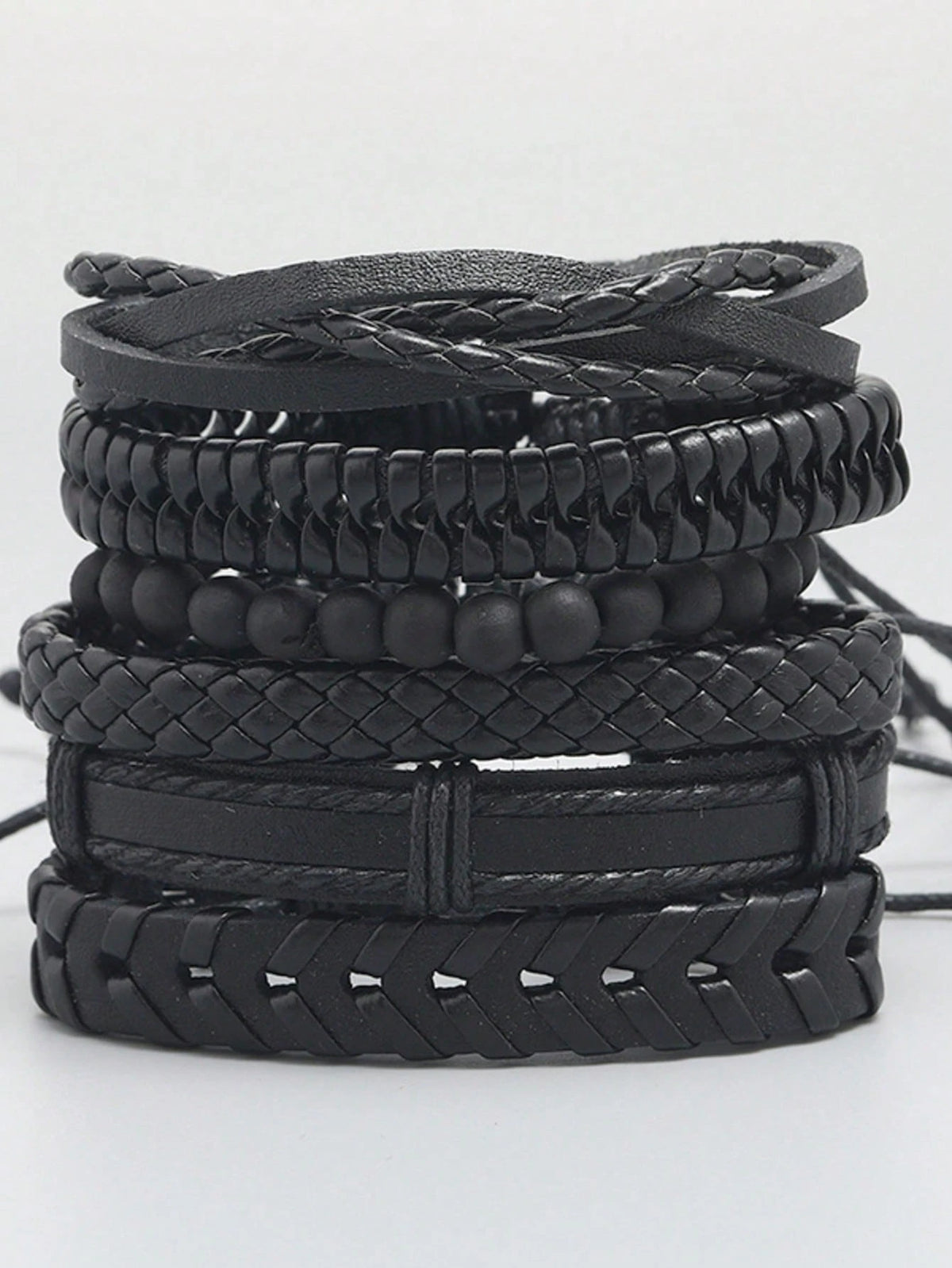 6pcs Vintage Black Woven Leather Bracelet DIY Combination Set For Men