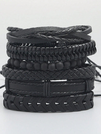 6pcs Vintage Black Woven Leather Bracelet DIY Combination Set For Men