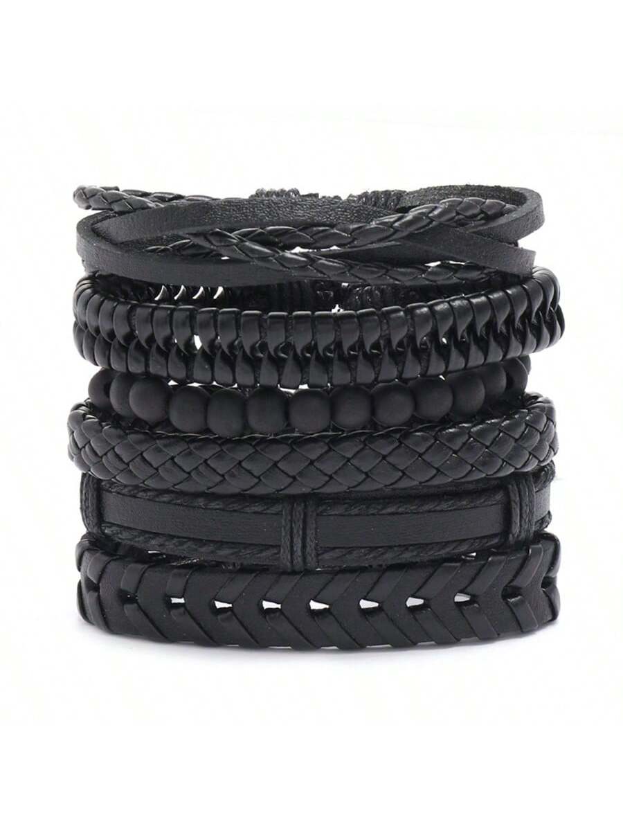 6pcs Vintage Black Woven Leather Bracelet DIY Combination Set For Men