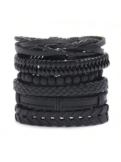 6pcs Vintage Black Woven Leather Bracelet DIY Combination Set For Men