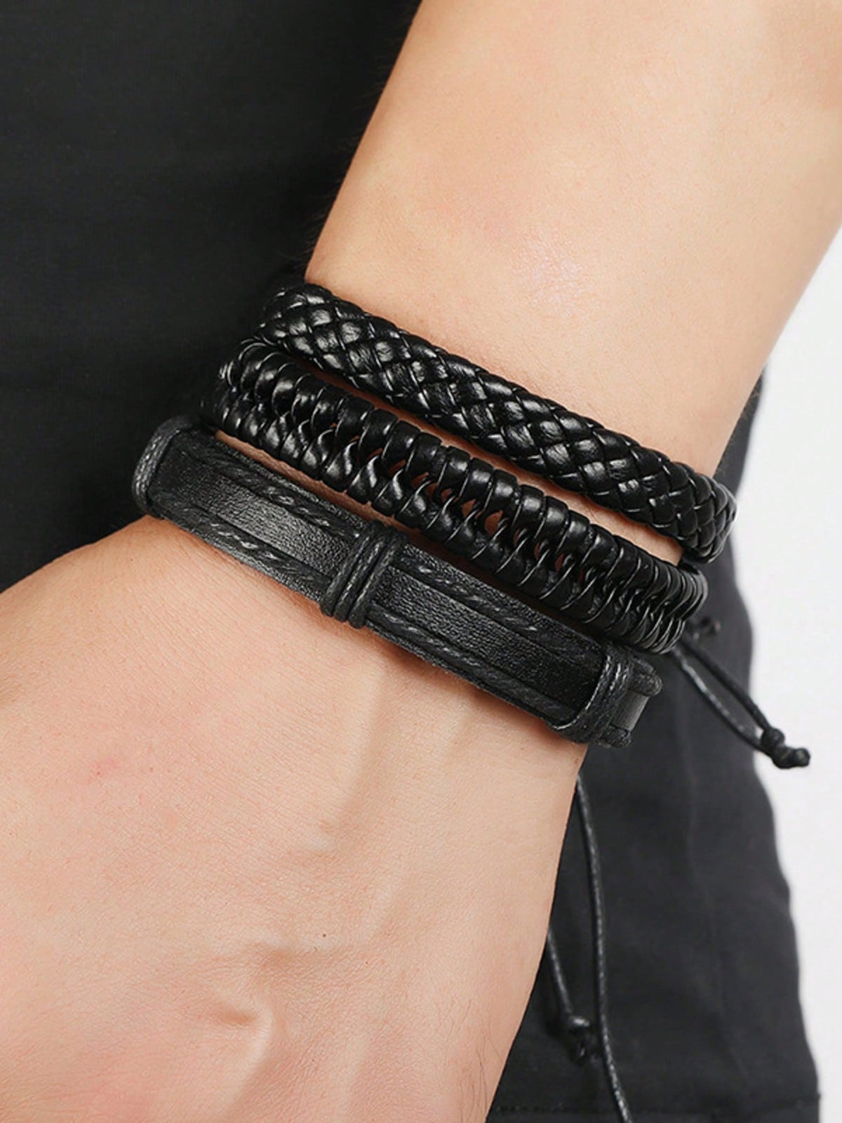 6pcs Vintage Black Woven Leather Bracelet DIY Combination Set For Men
