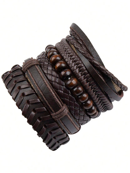 6pcs Vintage Black Woven Leather Bracelet DIY Combination Set For Men