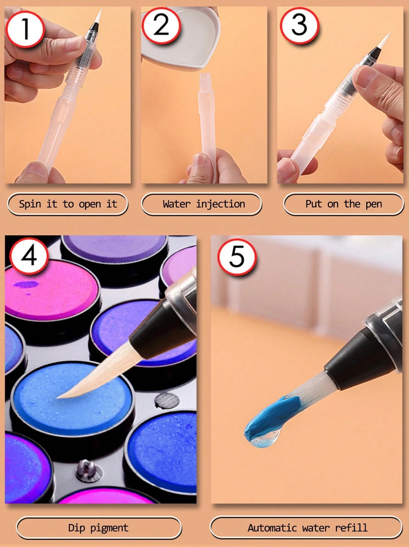 6pcs Water-Storing Watercolor Paint Brushes, White Nylon Hair Painting Brushes, Art Painting Tool Set. Back To School/Graduation Season Gift, Halloween, Christmas Eve And New Year Gift