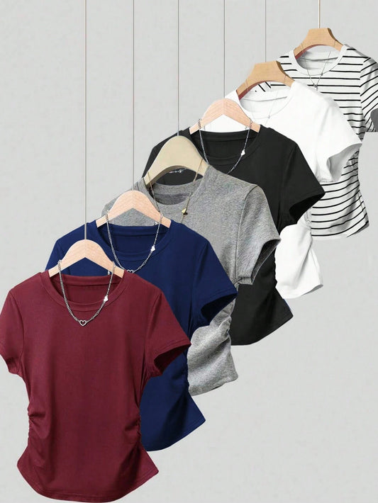 6pcs Women's Casual Everyday Pleated Waist Short Sleeve T-Shirts, Versatile