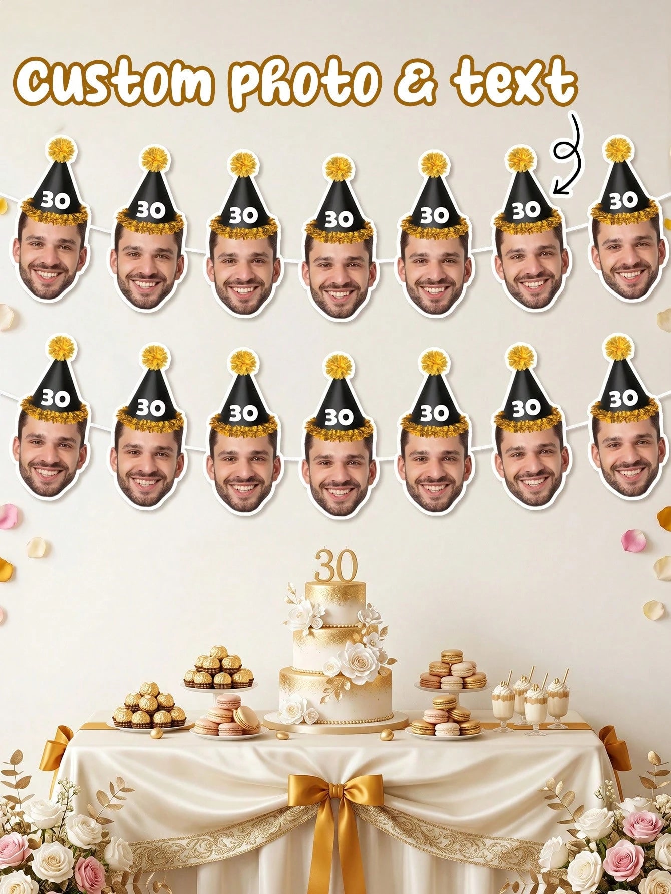 7/14/21pcs Custom Party Hat Birthday Photo Parper Banner, Personalized Face Cutout Garland, Black & Gold Party Hat Banner, Personalized 30th, 40th, 50th, 60th Birthday Gift For Him, Party Decor, Birth