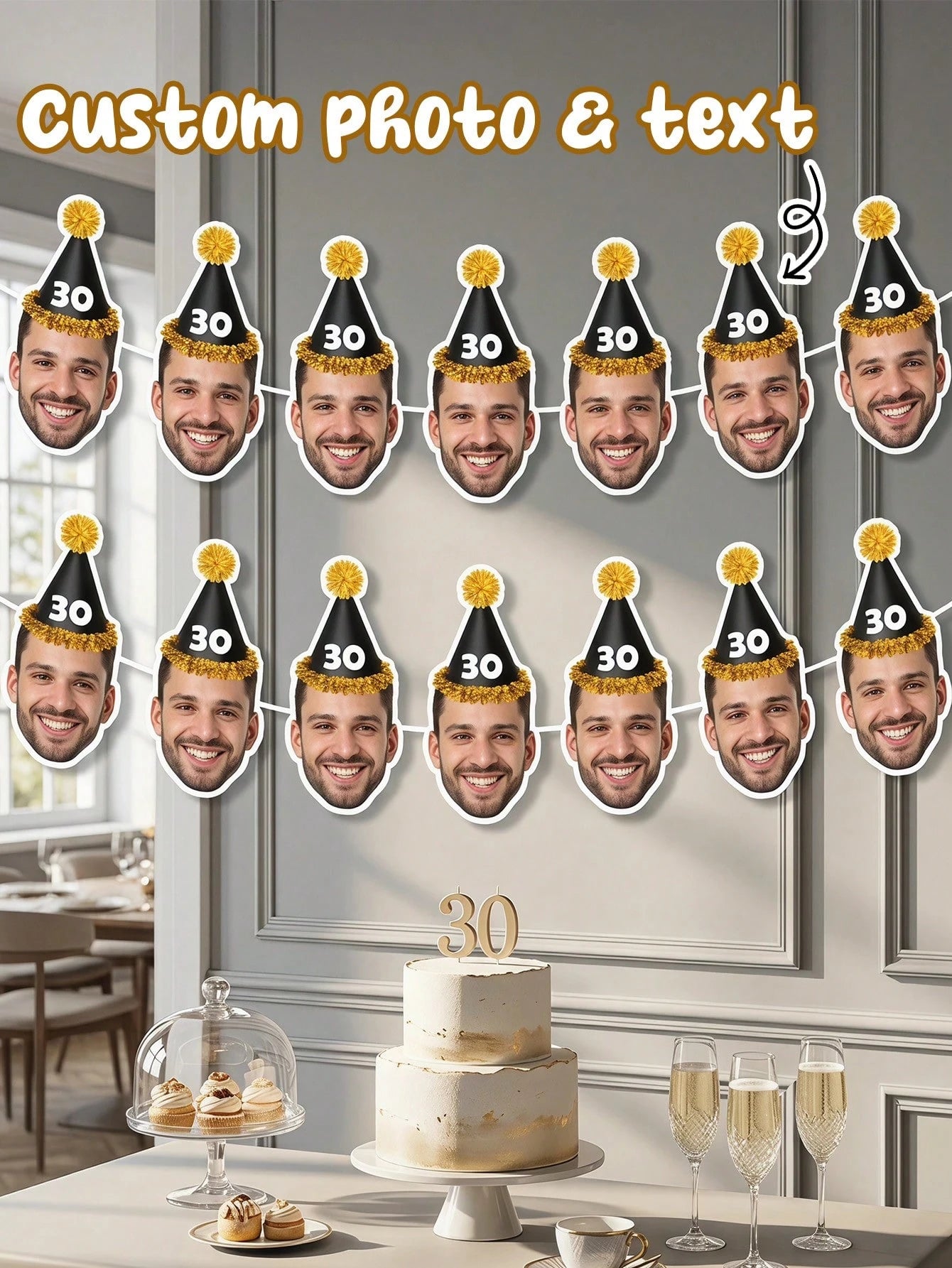 7/14/21pcs Custom Party Hat Birthday Photo Parper Banner, Personalized Face Cutout Garland, Black & Gold Party Hat Banner, Personalized 30th, 40th, 50th, 60th Birthday Gift For Him, Party Decor, Birth