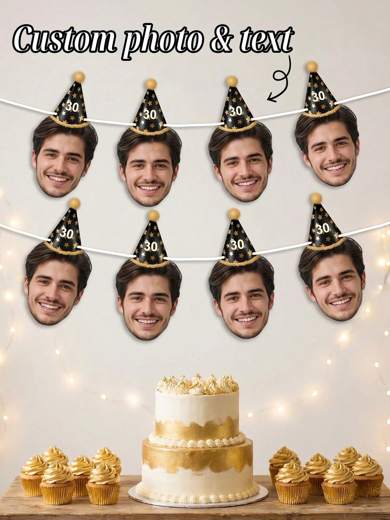 7/14/21pcs Custom Party Hat Birthday Photo Parper Banner, Personalized Face Cutout Garland, Black & Gold Party Hat Banner, Personalized 30th, 40th, 50th, 60th Birthday Gift For Him, Party Decor, Birth