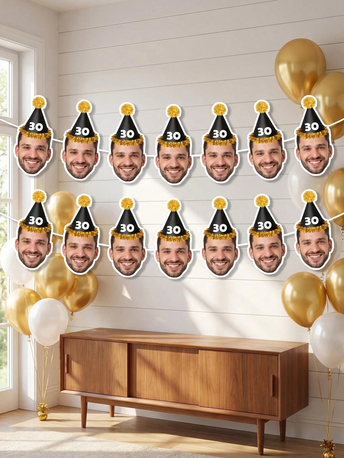 7/14/21pcs Custom Party Hat Birthday Photo Parper Banner, Personalized Face Cutout Garland, Black & Gold Party Hat Banner, Personalized 30th, 40th, 50th, 60th Birthday Gift For Him, Party Decor, Birth