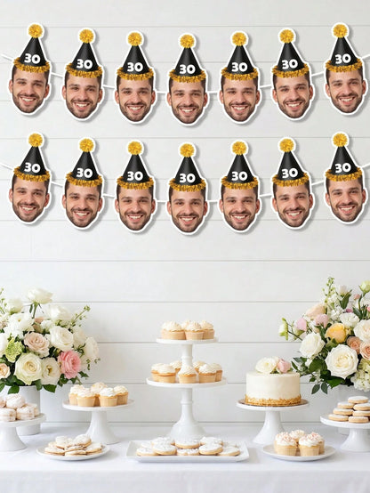 7/14/21pcs Custom Party Hat Birthday Photo Parper Banner, Personalized Face Cutout Garland, Black & Gold Party Hat Banner, Personalized 30th, 40th, 50th, 60th Birthday Gift For Him, Party Decor, Birth