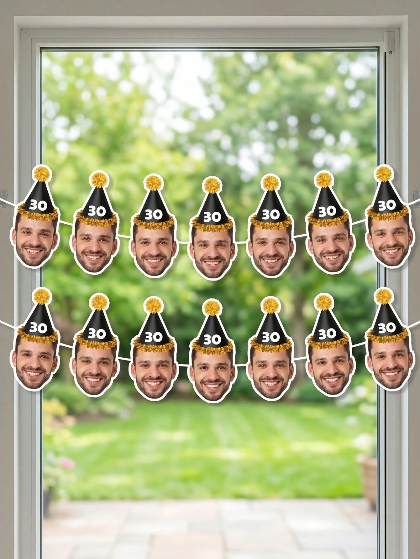 7/14/21pcs Custom Party Hat Birthday Photo Parper Banner, Personalized Face Cutout Garland, Black & Gold Party Hat Banner, Personalized 30th, 40th, 50th, 60th Birthday Gift For Him, Party Decor, Birth
