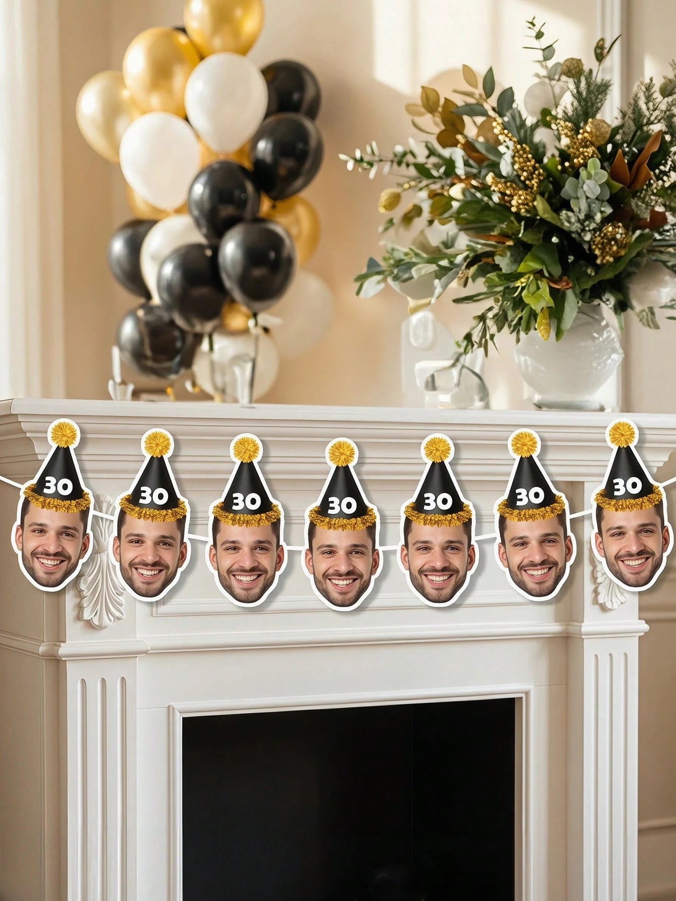 7/14/21pcs Custom Party Hat Birthday Photo Parper Banner, Personalized Face Cutout Garland, Black & Gold Party Hat Banner, Personalized 30th, 40th, 50th, 60th Birthday Gift For Him, Party Decor, Birth