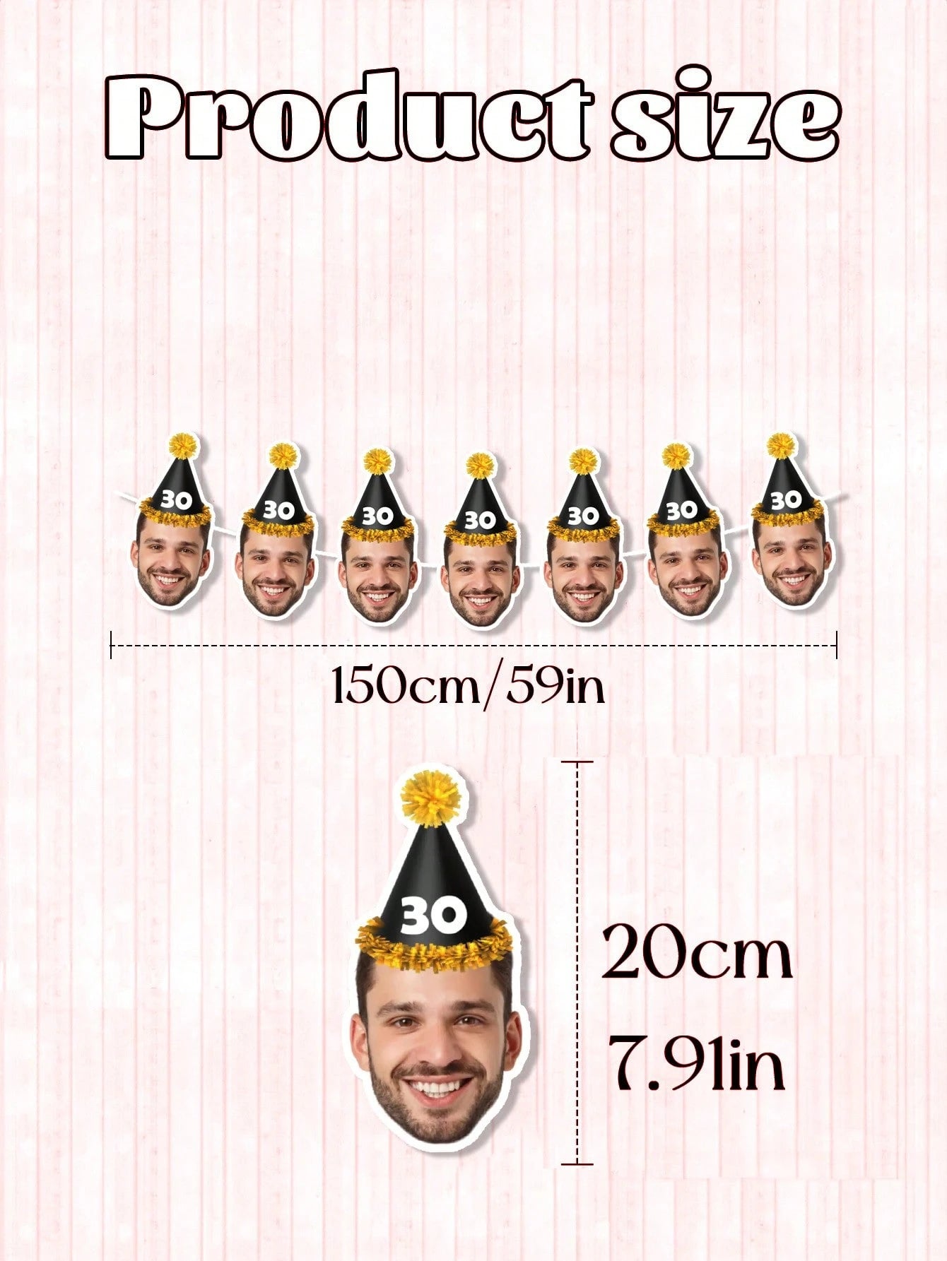 7/14/21pcs Custom Party Hat Birthday Photo Parper Banner, Personalized Face Cutout Garland, Black & Gold Party Hat Banner, Personalized 30th, 40th, 50th, 60th Birthday Gift For Him, Party Decor, Birth