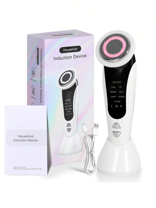 7-In-1 USB-Powered Face And Neck Massager With LCD Modes (Cleaning/Care/Massage), Portable Light Beige Beauty Device, Boosts Collagen And Tightens Pores- A Home And Travel Beauty Tool, An Ideal Gift