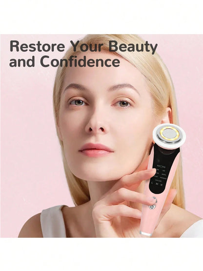 7-In-1 USB-Powered Face And Neck Massager With LCD Modes (Cleaning/Care/Massage), Portable Light Beige Beauty Device, Boosts Collagen And Tightens Pores- A Home And Travel Beauty Tool, An Ideal Gift