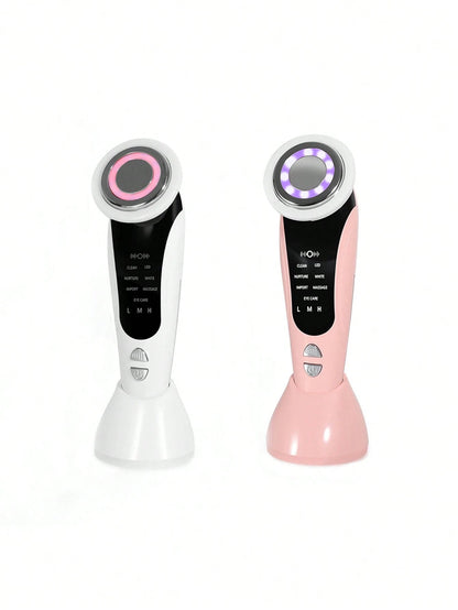7-In-1 USB-Powered Face And Neck Massager With LCD Modes (Cleaning/Care/Massage), Portable Light Beige Beauty Device, Boosts Collagen And Tightens Pores- A Home And Travel Beauty Tool, An Ideal Gift