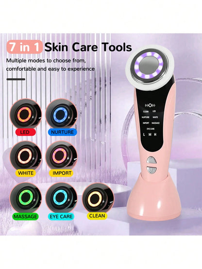 7-In-1 USB-Powered Face And Neck Massager With LCD Modes (Cleaning/Care/Massage), Portable Light Beige Beauty Device, Boosts Collagen And Tightens Pores- A Home And Travel Beauty Tool, An Ideal Gift
