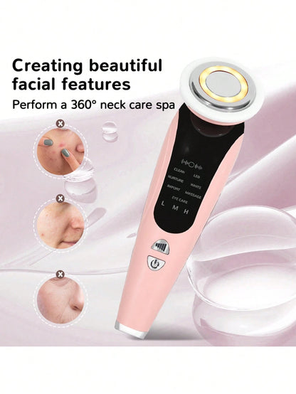 7-In-1 USB-Powered Face And Neck Massager With LCD Modes (Cleaning/Care/Massage), Portable Light Beige Beauty Device, Boosts Collagen And Tightens Pores- A Home And Travel Beauty Tool, An Ideal Gift