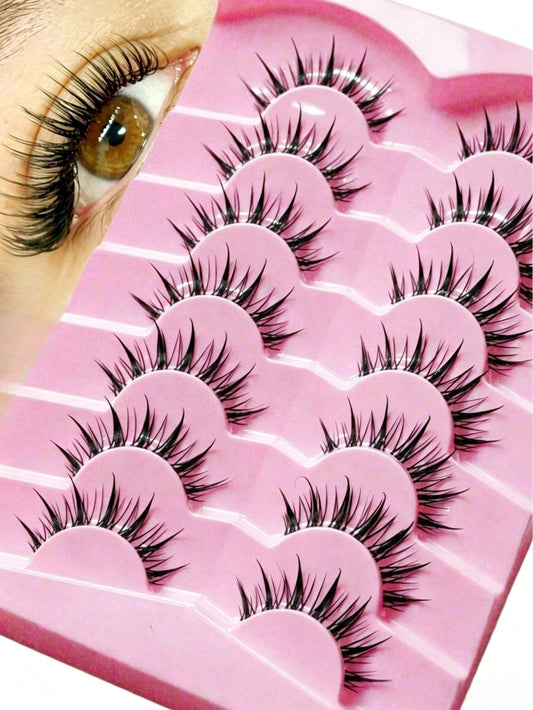 7 Pairs Cartoon Style Natural Wet Effect False Eyelashes, Faux Mink Lashes With Clear Band, Y2K Style 3D Fluffy Long Cat Eye Natural Exaggerated Eyelash Extension Set Makeup Tool