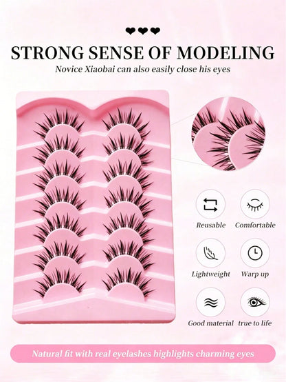 7 Pairs Cartoon Style Natural Wet Effect False Eyelashes, Faux Mink Lashes With Clear Band, Y2K Style 3D Fluffy Long Cat Eye Natural Exaggerated Eyelash Extension Set Makeup Tool