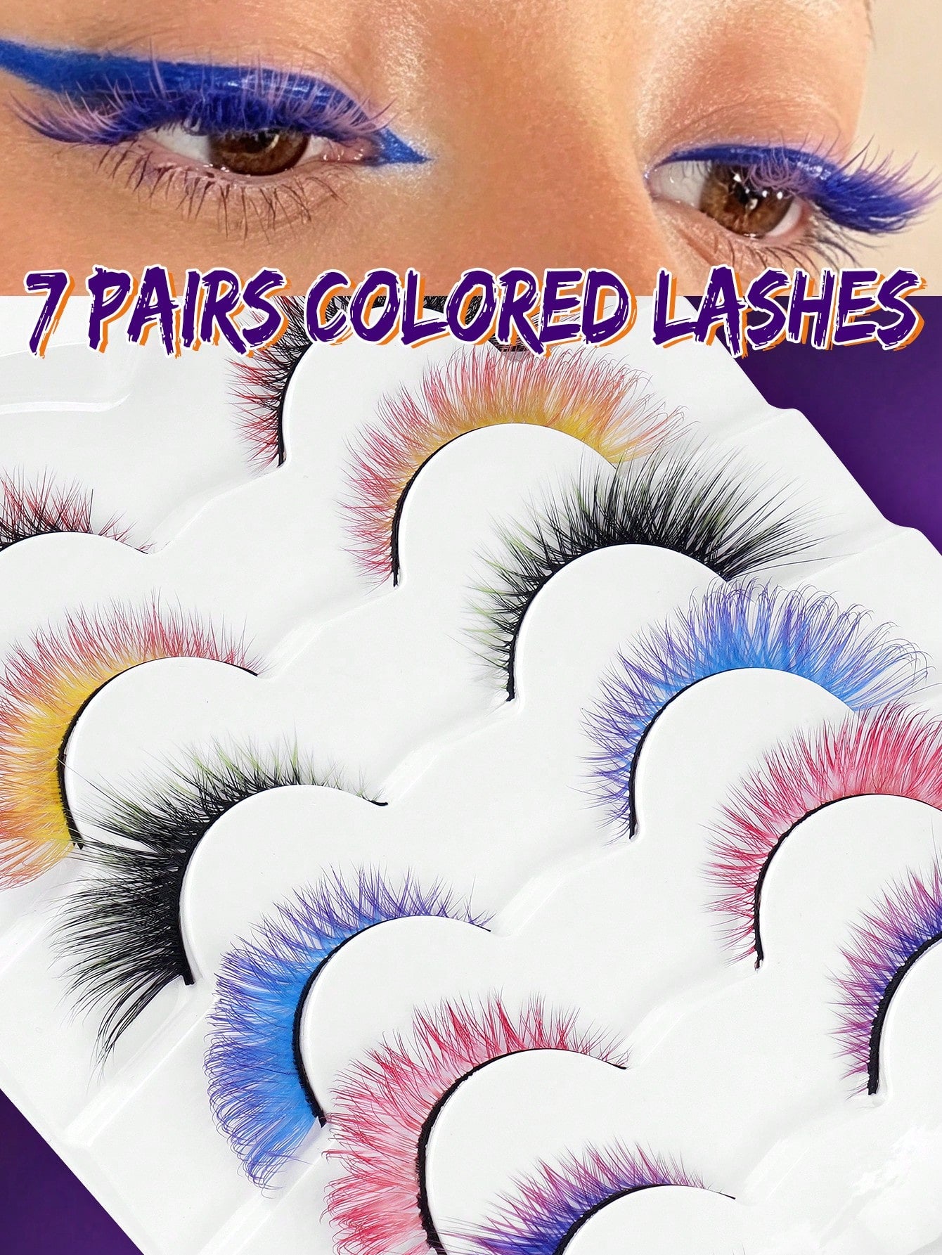 7 Pairs Colorful Eyelashes, Cat Eye Colorful Eyelashes, Elongated Eye Tail, Mixed Color Party Strip Eyelashes DIY Fluffy Natural Style And Holiday Colors, Easy To Use Soft Lengthening, Suitable For Be