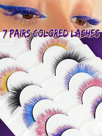 7 Pairs Colorful Eyelashes, Cat Eye Colorful Eyelashes, Elongated Eye Tail, Mixed Color Party Strip Eyelashes DIY Fluffy Natural Style And Holiday Colors, Easy To Use Soft Lengthening, Suitable For Be