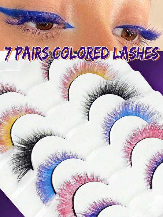 7 Pairs Colorful Eyelashes, Cat Eye Colorful Eyelashes, Elongated Eye Tail, Mixed Color Party Strip Eyelashes DIY Fluffy Natural Style And Holiday Colors, Easy To Use Soft Lengthening, Suitable For Be