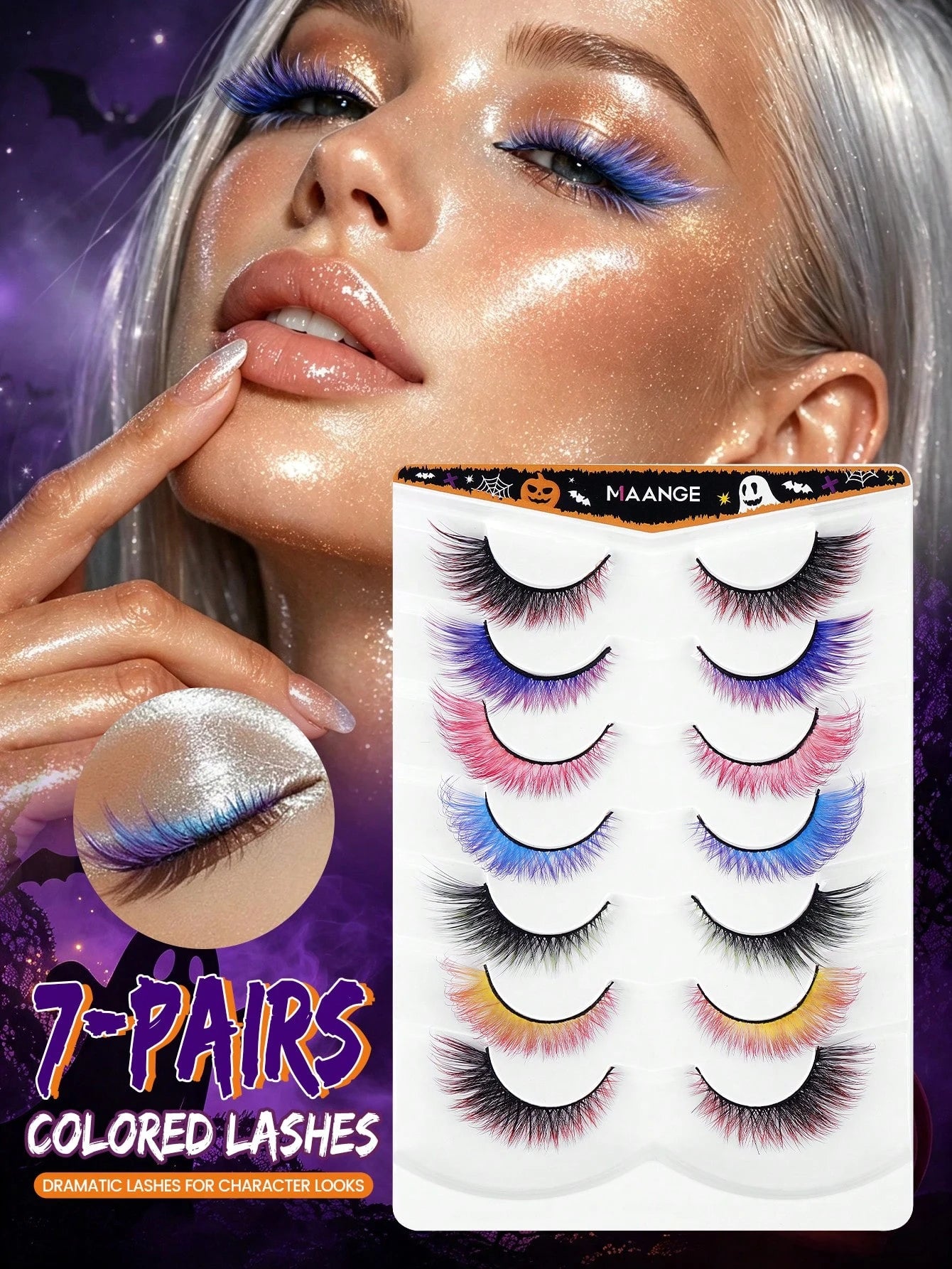 7 Pairs Colorful Eyelashes, Cat Eye Colorful Eyelashes, Elongated Eye Tail, Mixed Color Party Strip Eyelashes DIY Fluffy Natural Style And Holiday Colors, Easy To Use Soft Lengthening, Suitable For Be