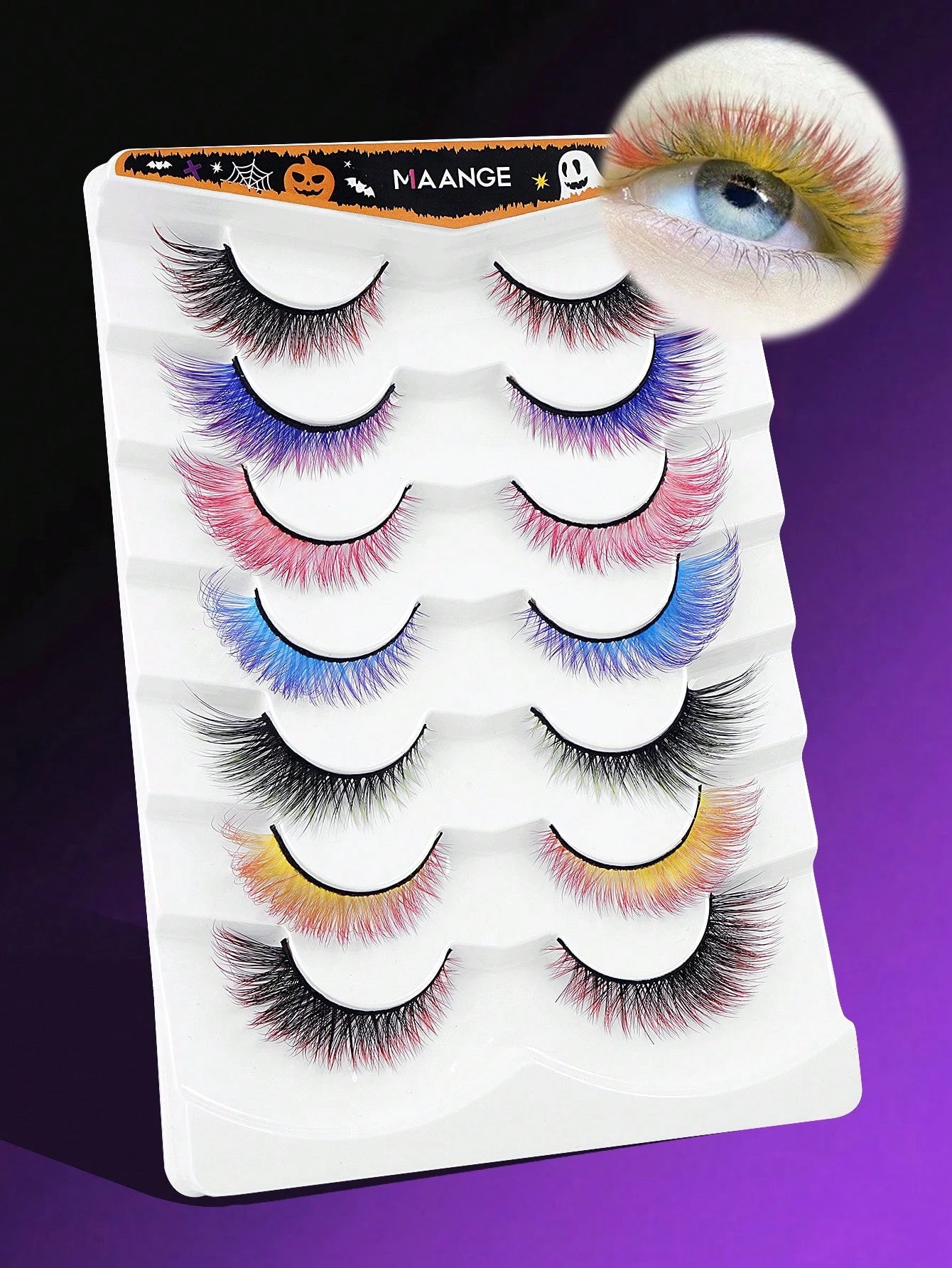 7 Pairs Colorful Eyelashes, Cat Eye Colorful Eyelashes, Elongated Eye Tail, Mixed Color Party Strip Eyelashes DIY Fluffy Natural Style And Holiday Colors, Easy To Use Soft Lengthening, Suitable For Be