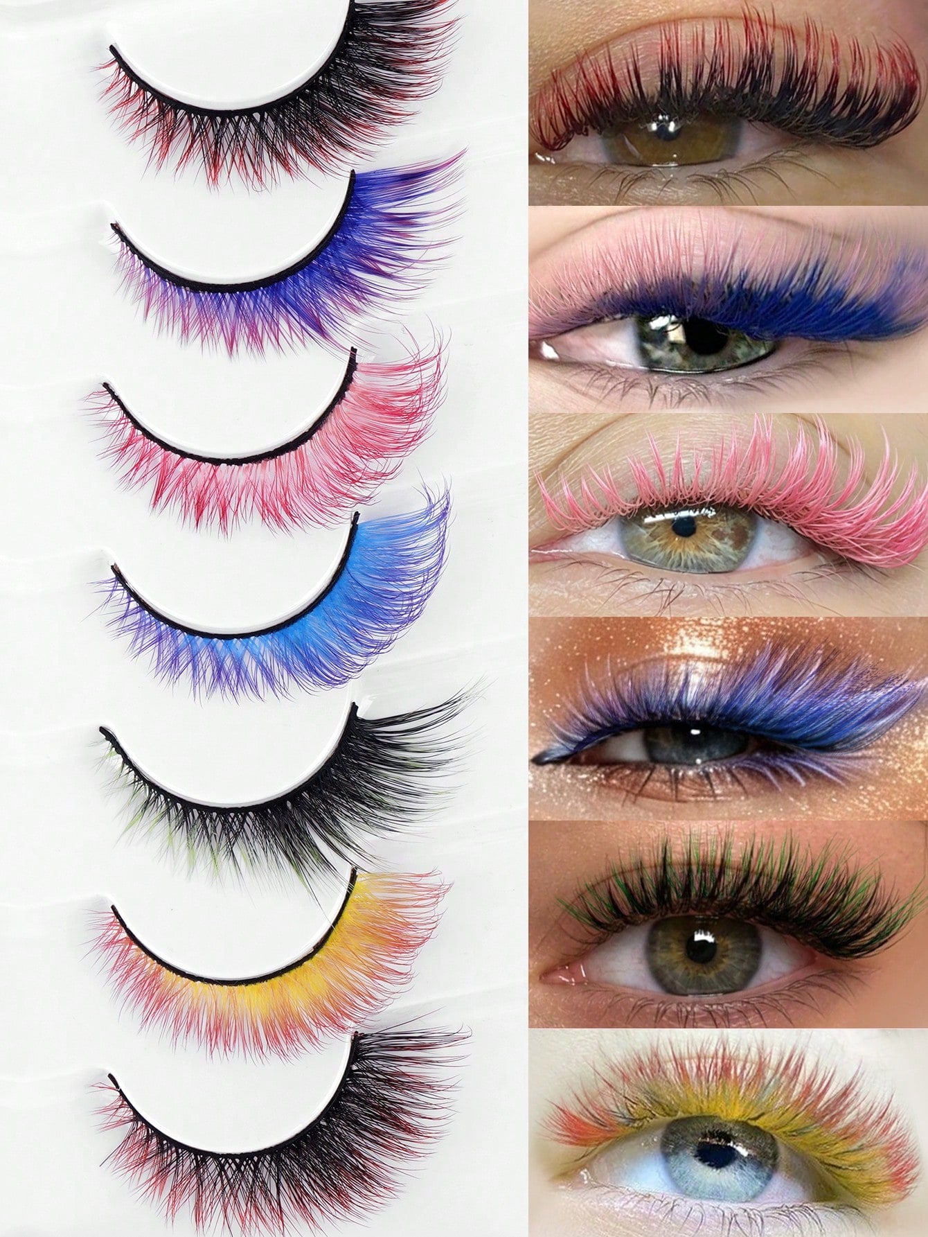 7 Pairs Colorful Eyelashes, Cat Eye Colorful Eyelashes, Elongated Eye Tail, Mixed Color Party Strip Eyelashes DIY Fluffy Natural Style And Holiday Colors, Easy To Use Soft Lengthening, Suitable For Be