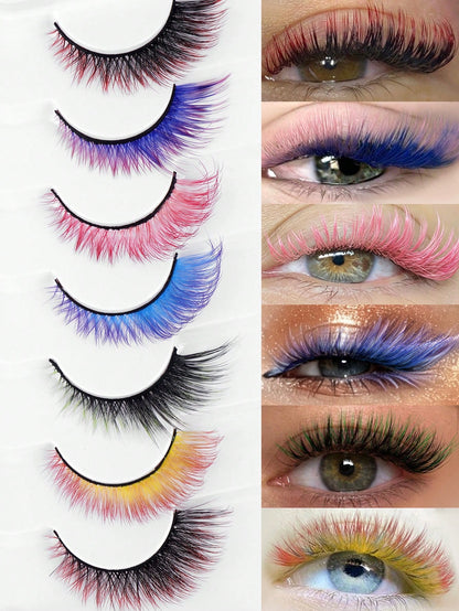 7 Pairs Colorful Eyelashes, Cat Eye Colorful Eyelashes, Elongated Eye Tail, Mixed Color Party Strip Eyelashes DIY Fluffy Natural Style And Holiday Colors, Easy To Use Soft Lengthening, Suitable For Be