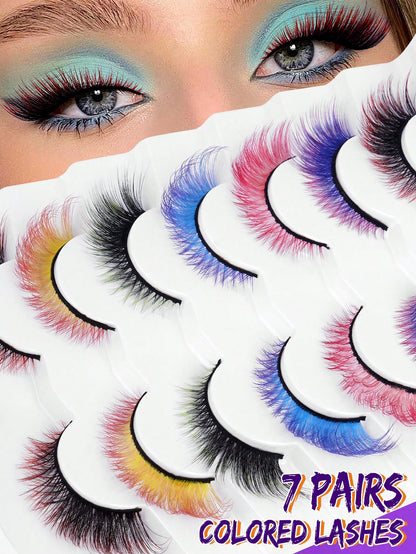 7 Pairs Colorful Eyelashes, Cat Eye Colorful Eyelashes, Elongated Eye Tail, Mixed Color Party Strip Eyelashes DIY Fluffy Natural Style And Holiday Colors, Easy To Use Soft Lengthening, Suitable For Be