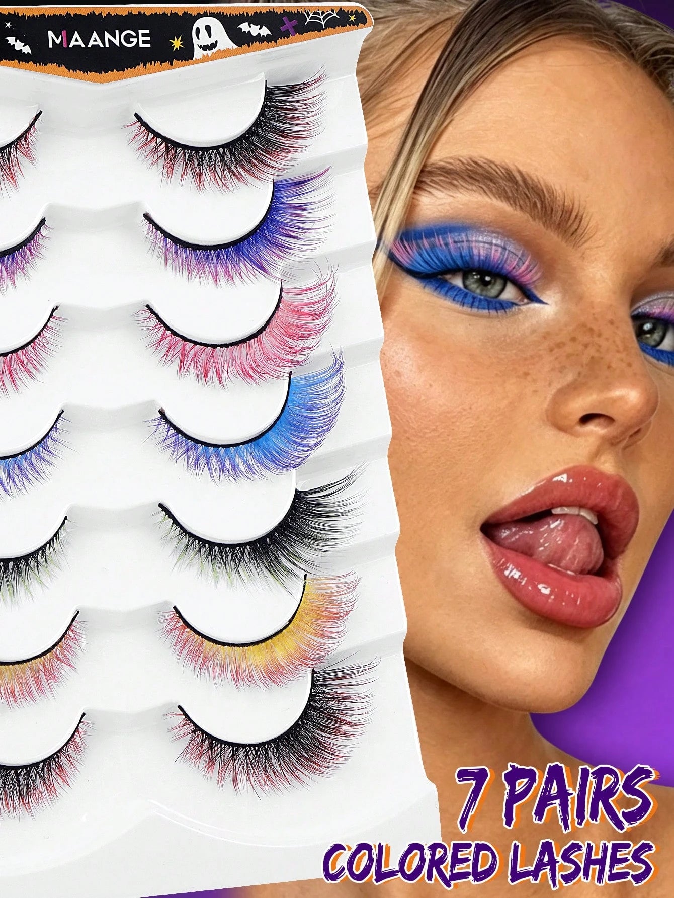 7 Pairs Colorful Eyelashes, Cat Eye Colorful Eyelashes, Elongated Eye Tail, Mixed Color Party Strip Eyelashes DIY Fluffy Natural Style And Holiday Colors, Easy To Use Soft Lengthening, Suitable For Be
