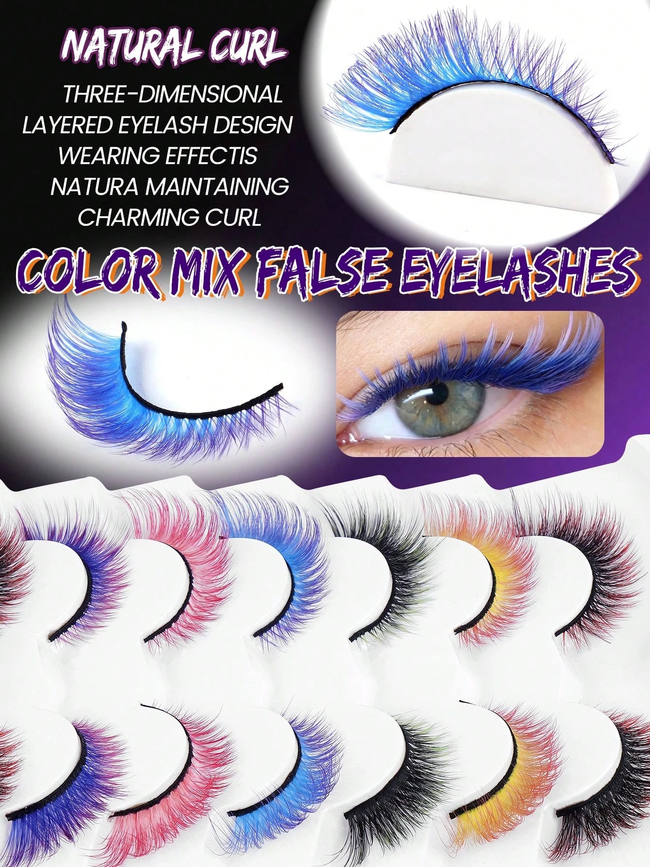 7 Pairs Colorful Eyelashes, Cat Eye Colorful Eyelashes, Elongated Eye Tail, Mixed Color Party Strip Eyelashes DIY Fluffy Natural Style And Holiday Colors, Easy To Use Soft Lengthening, Suitable For Be