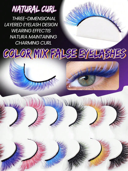 7 Pairs Colorful Eyelashes, Cat Eye Colorful Eyelashes, Elongated Eye Tail, Mixed Color Party Strip Eyelashes DIY Fluffy Natural Style And Holiday Colors, Easy To Use Soft Lengthening, Suitable For Be
