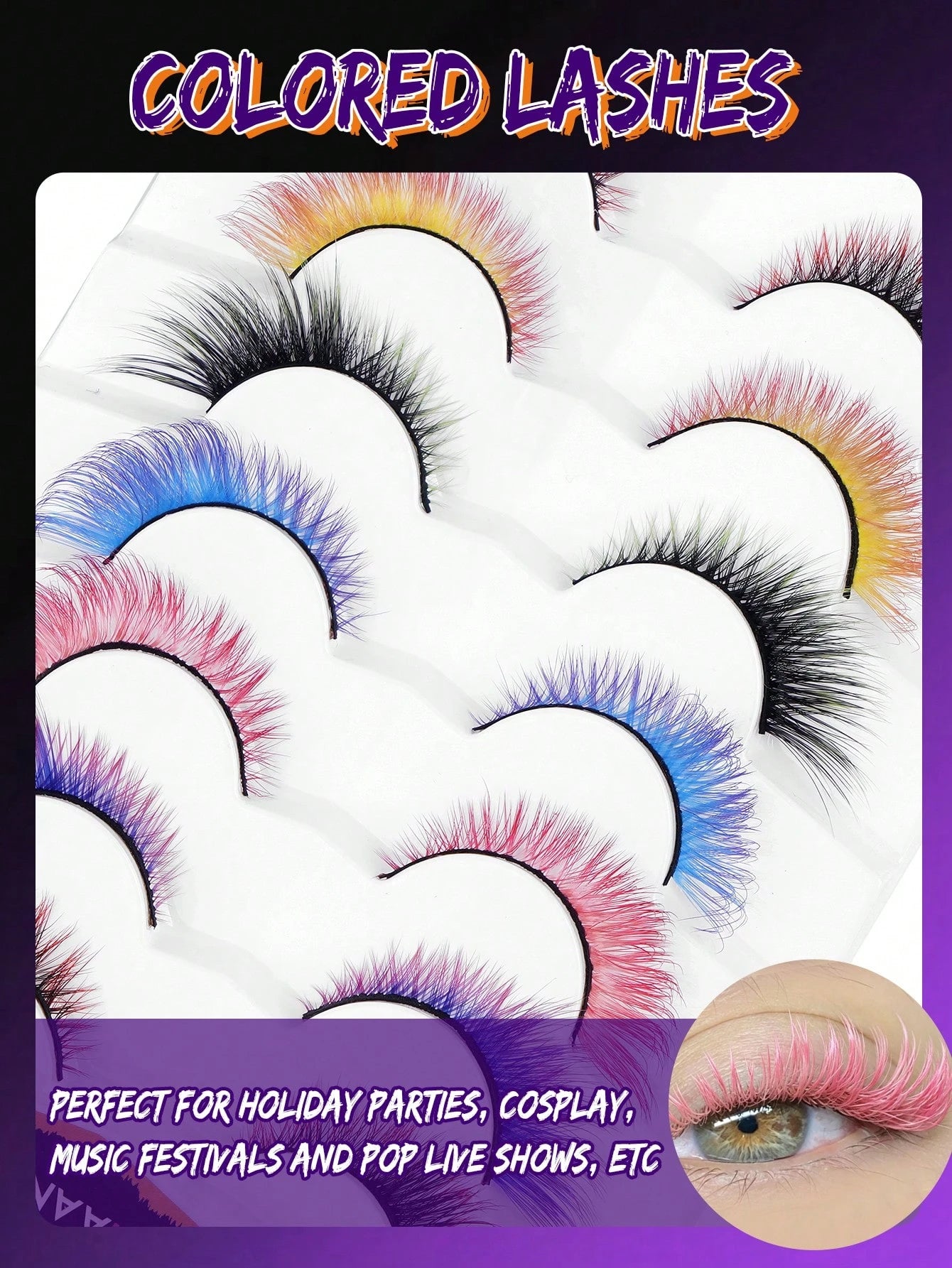 7 Pairs Colorful Eyelashes, Cat Eye Colorful Eyelashes, Elongated Eye Tail, Mixed Color Party Strip Eyelashes DIY Fluffy Natural Style And Holiday Colors, Easy To Use Soft Lengthening, Suitable For Be