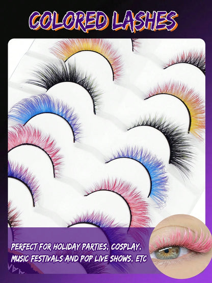 7 Pairs Colorful Eyelashes, Cat Eye Colorful Eyelashes, Elongated Eye Tail, Mixed Color Party Strip Eyelashes DIY Fluffy Natural Style And Holiday Colors, Easy To Use Soft Lengthening, Suitable For Be