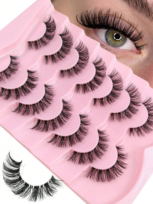 7 Pairs Fox Eye False Eyelashes Cat Eye Lashes Transparent Band Wispy Eyelashes Natural Look Long Faux Mink Lashes Strip Lashes Winged End Eye Elongated Eyelashes Faux Mink Eyelashes Makeup Strip Lash