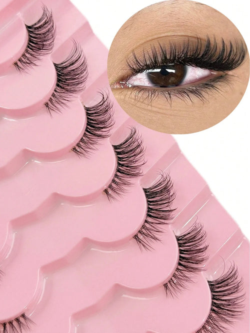 7 Pairs Half Lashes With Clear Band Cat Eye Tail Elongated Eyelashes Natural Look Wispy Faux Mink Lashes Fluffy Soft False Eyelashes Natural Makeup,Suitable For Everyday Wear, Party Wear, Valentine's